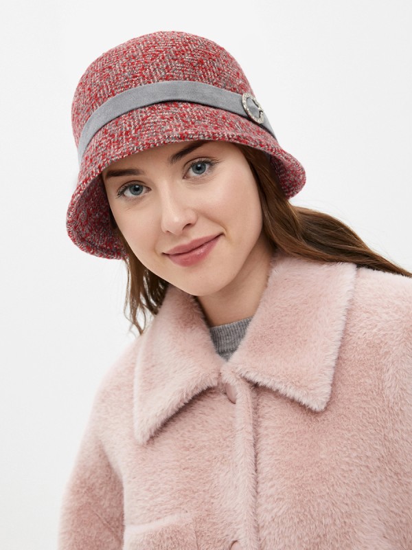 Шляпа комбинированная из твида цвет красный-серый Д-557/3