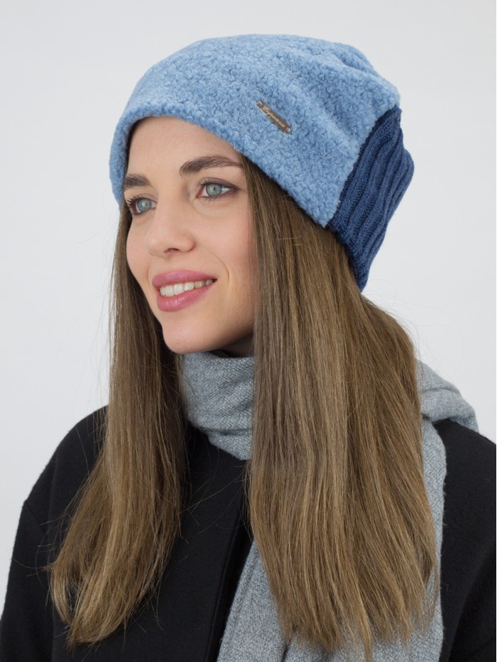 Шапка бини комбинированная цвет голубой Д-817