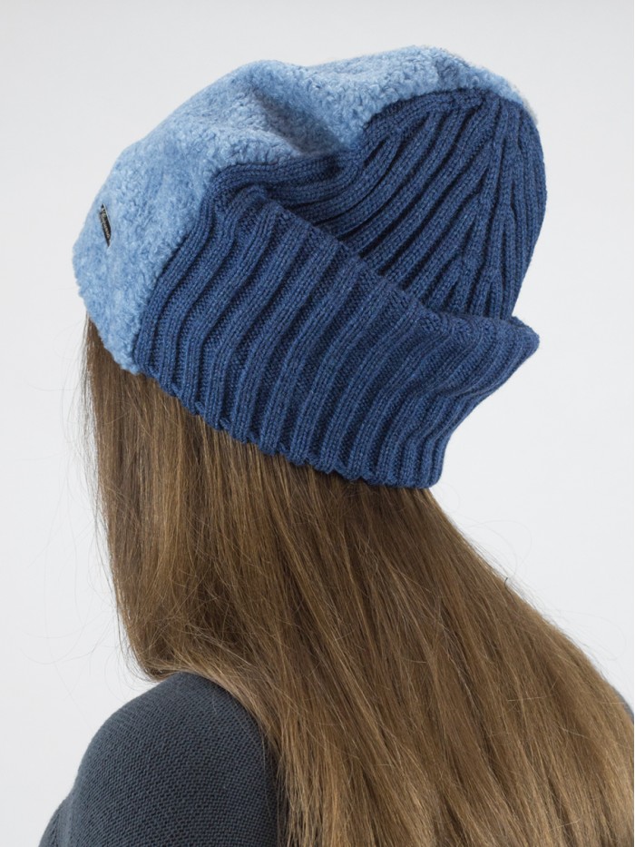 Шапка бини комбинированная цвет голубой Д-817