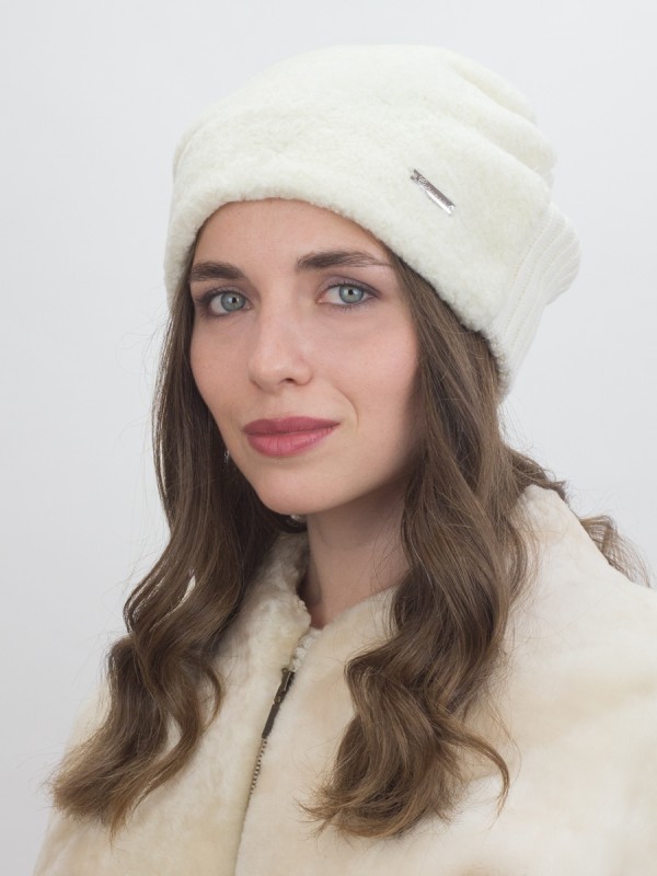 Шапка бини комбинированная цвет молочный Д-817
