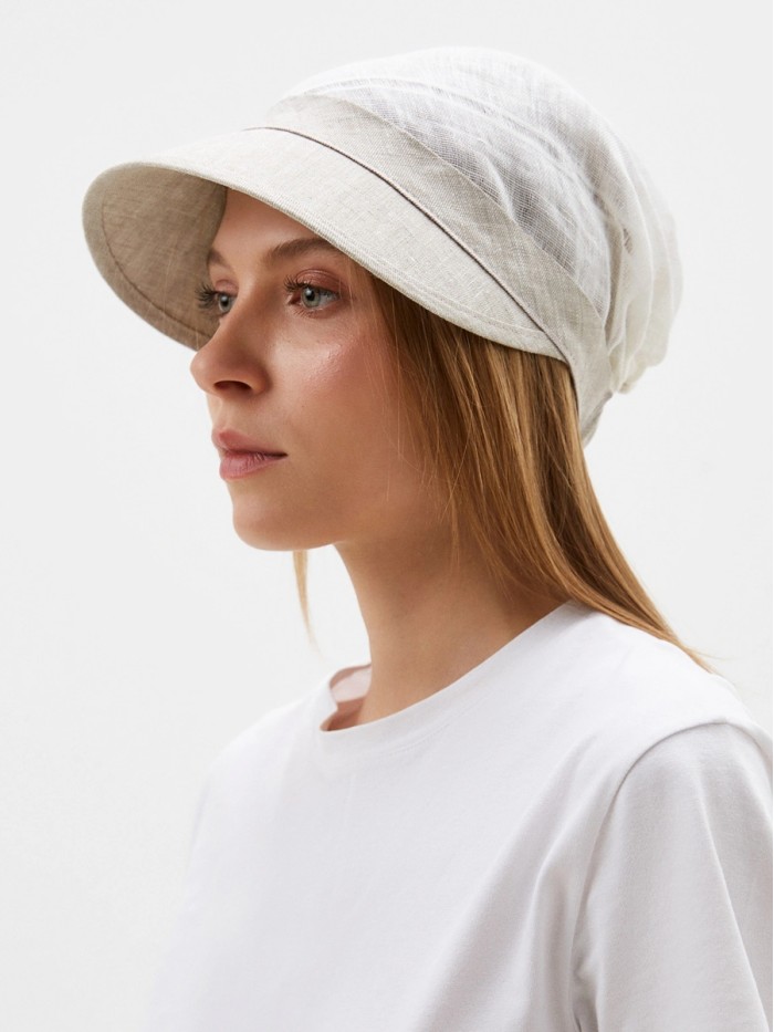 Стильная кепка из эко-льна цвет бежевый-белый Л-251/ОБ