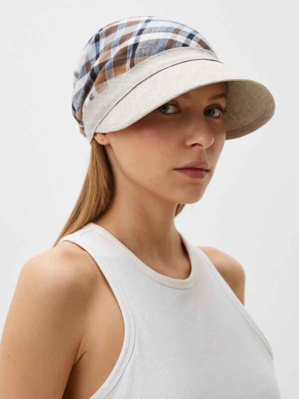 Стильная кепка из эко-льна цвет бежевый-молочный-голубой Л-251/ОБ