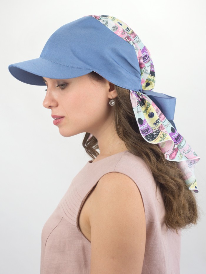 Комбинированная косынка с козырьком цвет индиго-сиреневый-желтый Л-274К1Д