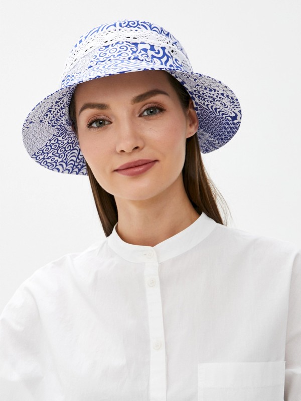 Легкая шляпка комбинированная с кружевом цвет голубой Л-285/1В