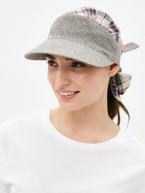 Бандана с козырьком из эко-льна цвет бежевый-темно-синий-красный Л-404/1