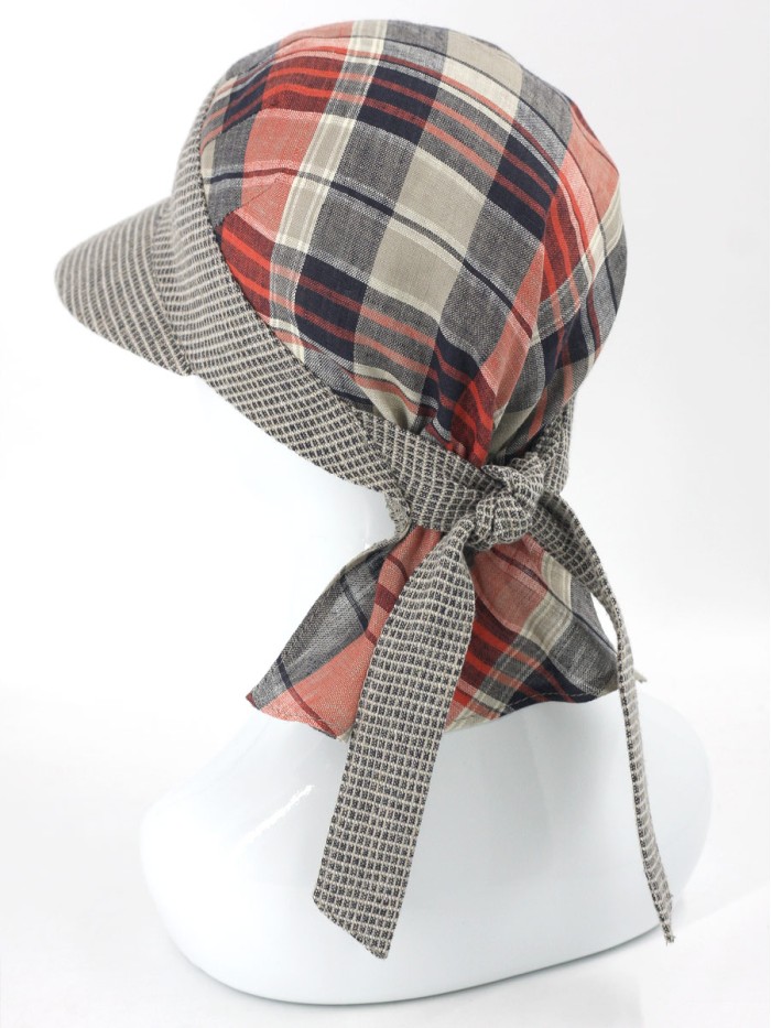 Бандана с козырьком из эко-льна цвет бежевый-темно-синий-красный Л-404/1