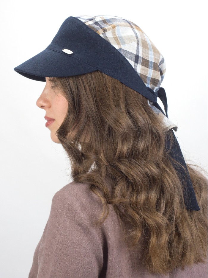 Оригинальная льняная бандана с козырьком цвет синий-молочный-бежевый Л-404/1