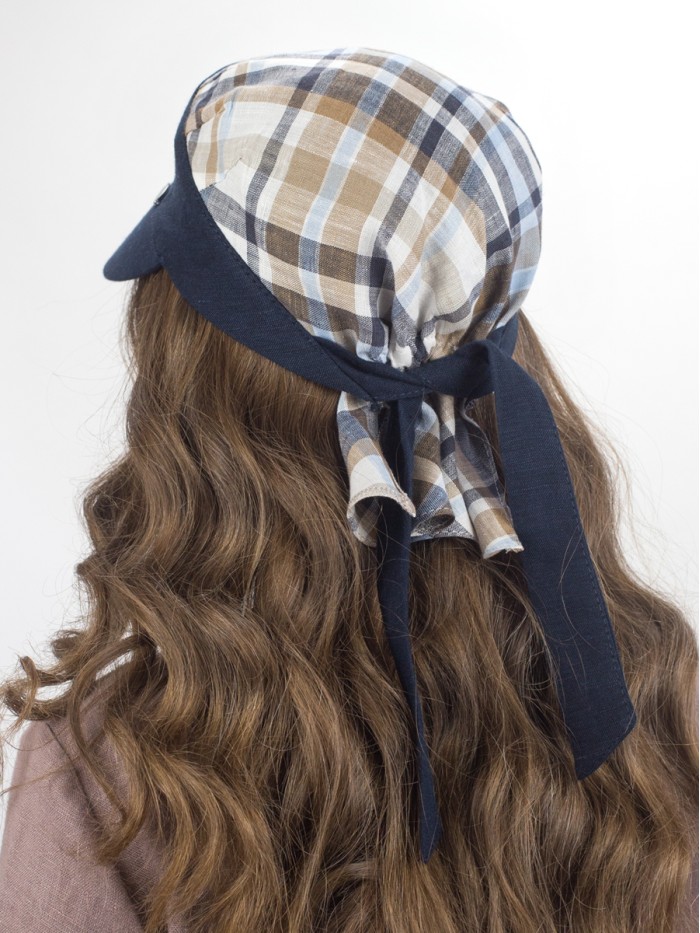 Оригинальная льняная бандана с козырьком цвет синий-молочный-бежевый Л-404/1