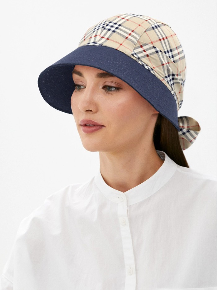 Комбинированная панама с регулировкой размера цвет джинсовый-бежевый-красный-черный Л-412К1