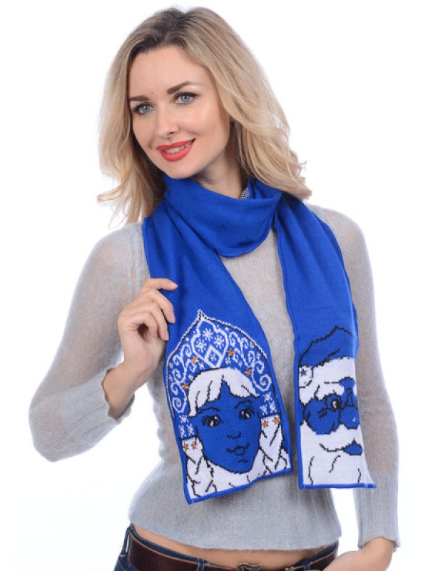 Новогодний стилизованный шарф "Дед мороз и Снегурочка" цвет синий ТД-207
