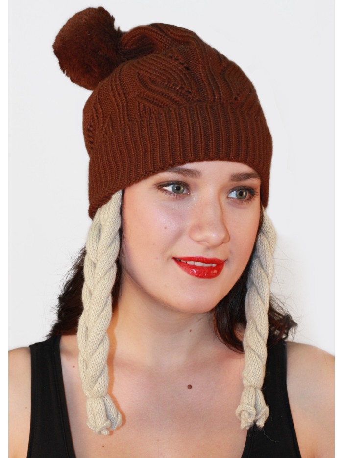 Забавная шапочка с косичками цвет коричневый-бежевый ТД-270/2