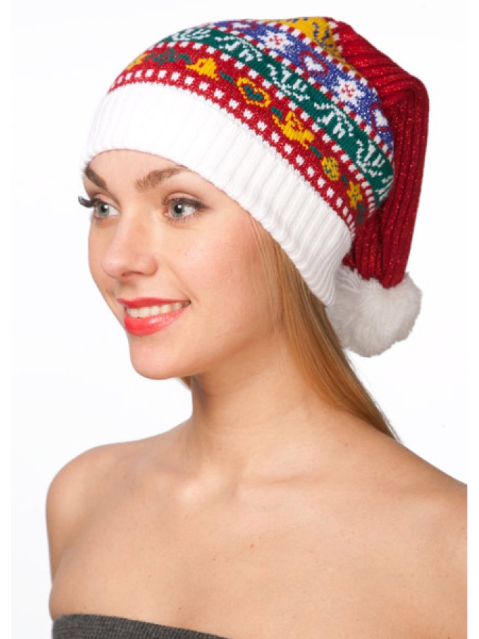 Новогодняя шапочка с ярким рисунком цвет красный-белый-желтый ТД-291