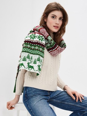 Шарф ярко-зеленый-молочный-красный цвет ТД-433А