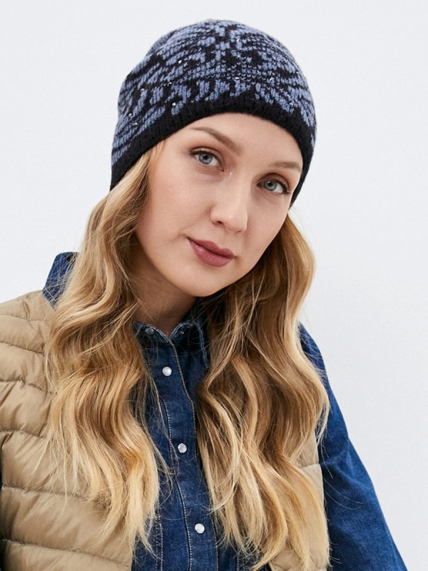 Нежная шапочка с изысканным рисунком цвет черный-индиго ТД-442