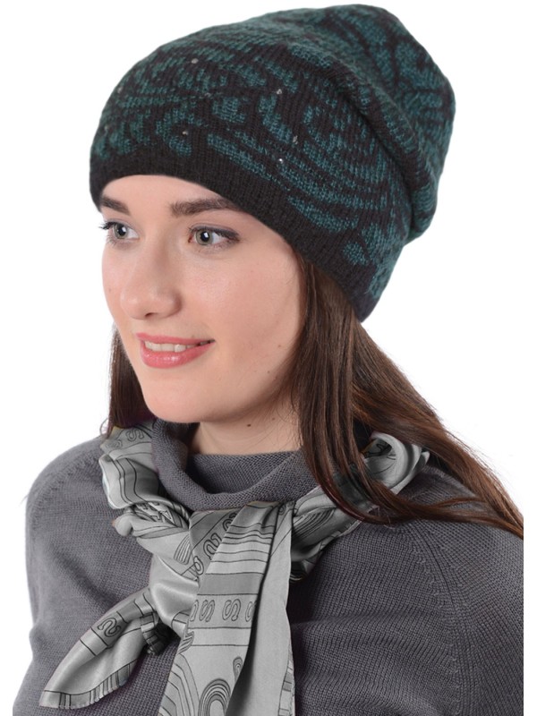 Нежная шапочка с изысканным рисунком цвет черный-морская волна ТД-442