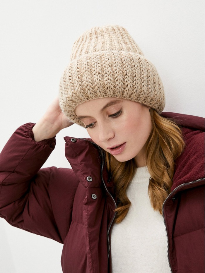 Двойная шапочка с отворотом цвет бежевый ТД-465