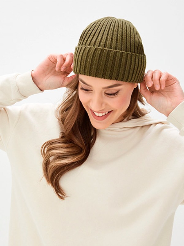 Шапочка бини с отворотом цвет хаки ТД-471
