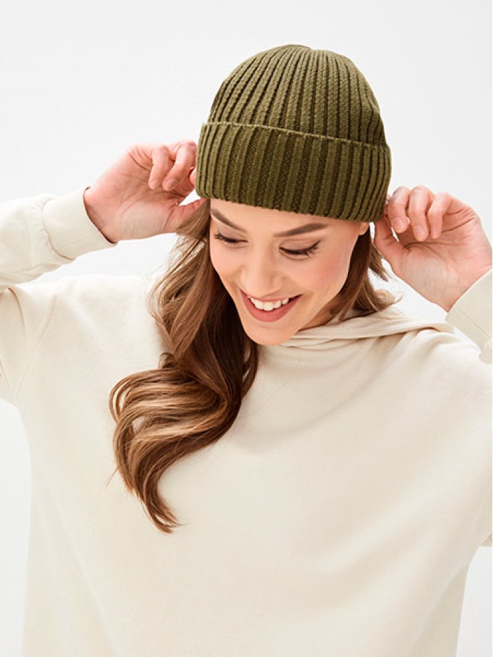 Шапочка бини с отворотом цвет хаки ТД-471