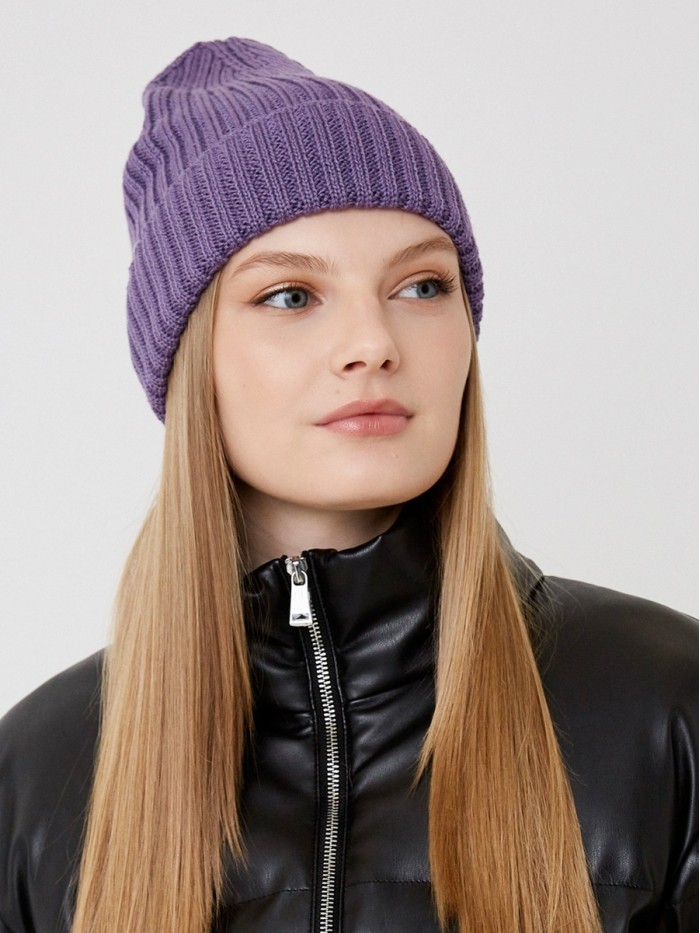 Шапочка бини с отворотом цвет лавандовый ТД-471