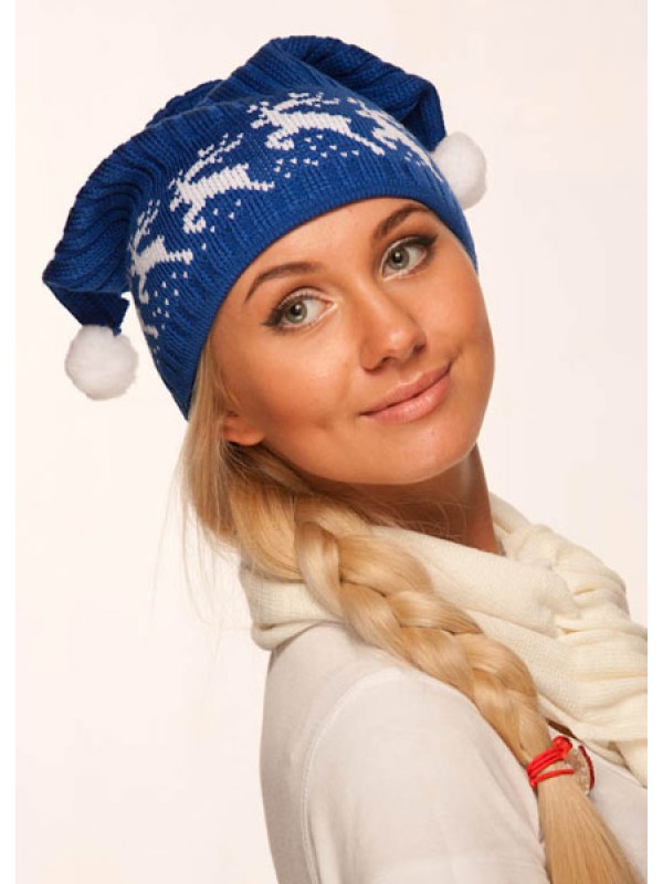 Новогодняя шапочка "Олени" цвет синий ТД-72