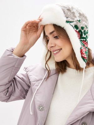 Ушанка комбинированная "Розы" цвет молочный-бежевый-красный З-281/23