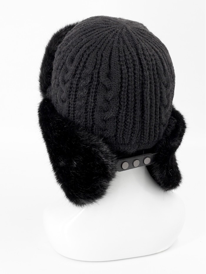 Ушанка вязаная с регулировкой размера на теплой подкладке черного цвета З-285/2