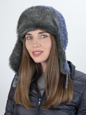 Ушанка вязаная с регулировкой размера на теплой подкладке индиго цвета З-285/2