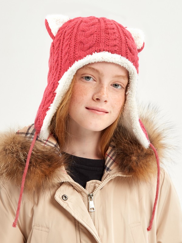Ушанка двойная утепленная цвет коралловый З-314