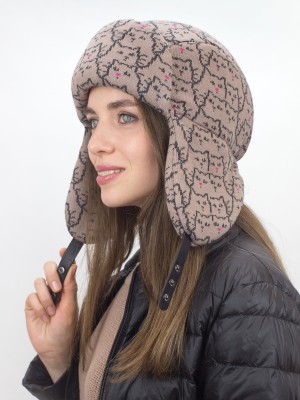 Универсальная утепленная  трикотажная ушанка цвет бежевый-маренго З-815/4