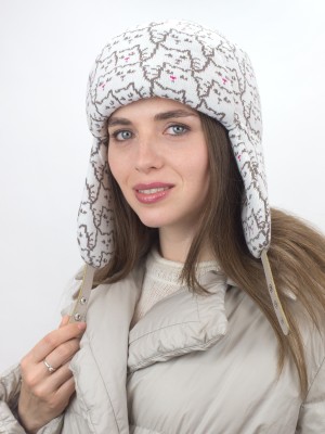 Универсальная утепленная  трикотажная ушанка цвет молочный-кофейный З-815/4 Универсальная утепленная  трикотажная ушанка цвет молочный-кофейный З-815/4