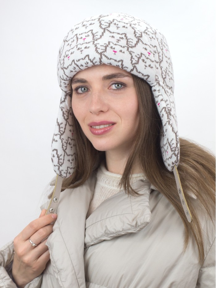 Универсальная утепленная  трикотажная ушанка цвет молочный-кофейный З-815/4