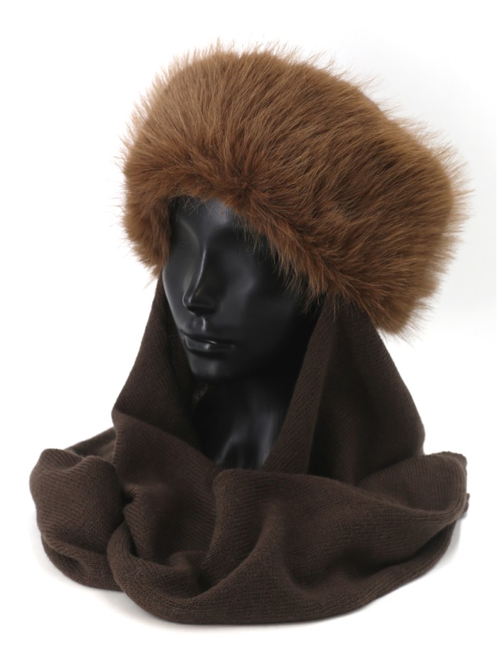 Комбинированная шапочка из эко меха в "Русском стиле" коричневого цвета З-818/1
