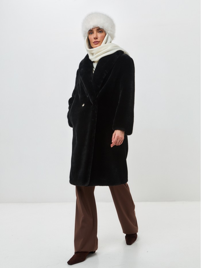 Комбинированная шапочка из эко меха в "Русском стиле" молочного цвета З-818/1