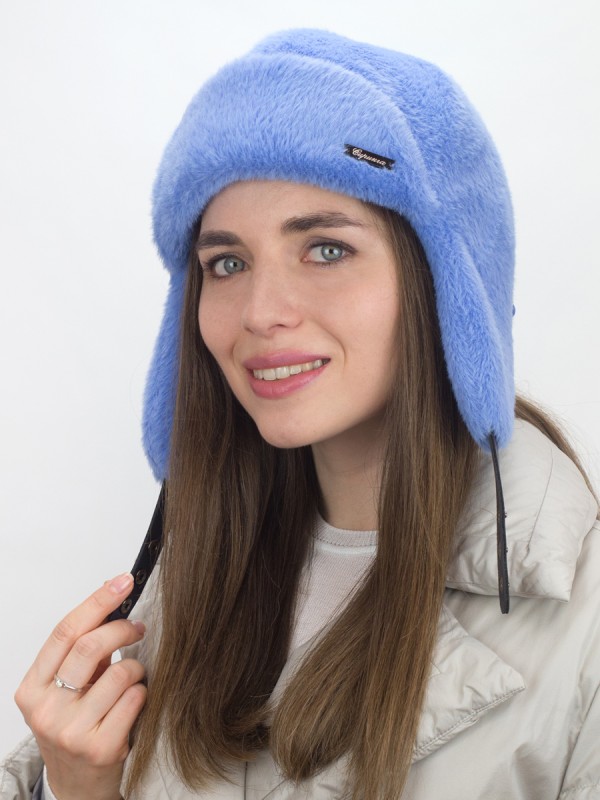Нежная ушанка из экомеха цвет голубой З-841/1