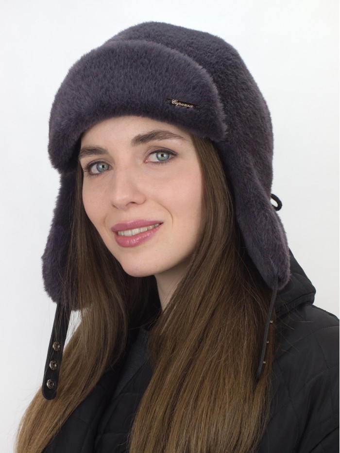 Нежная ушанка из экомеха цвет графит З-841/1