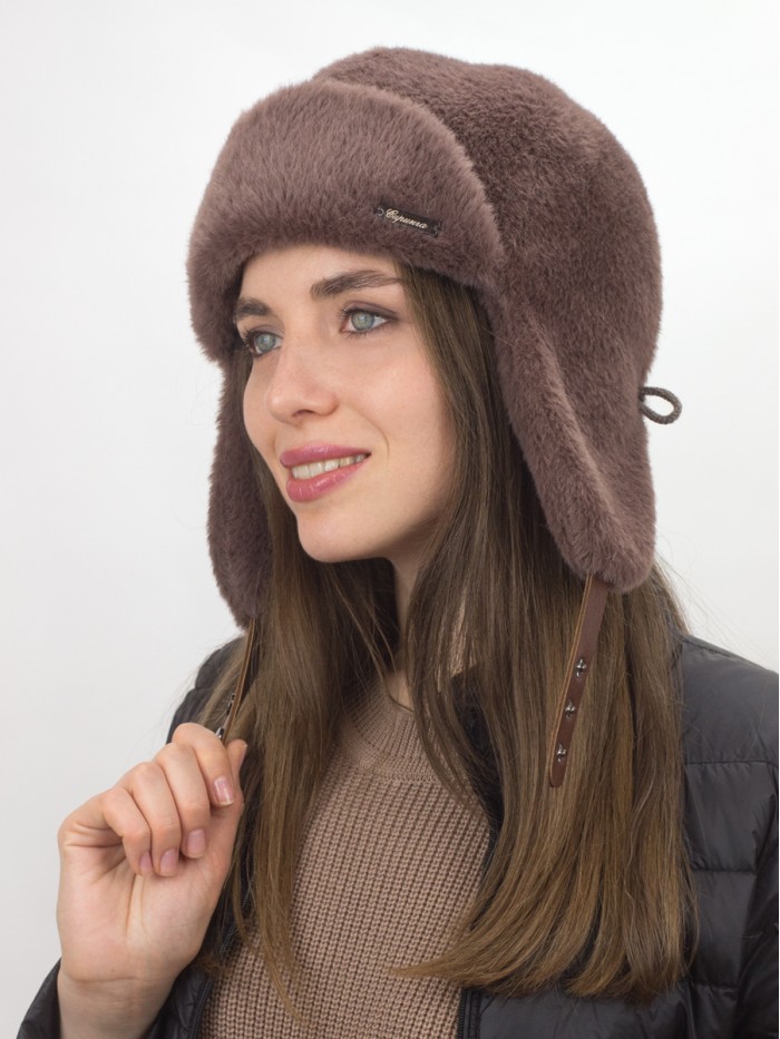 Нежная ушанка из экомеха цвет коричневый З-841/1