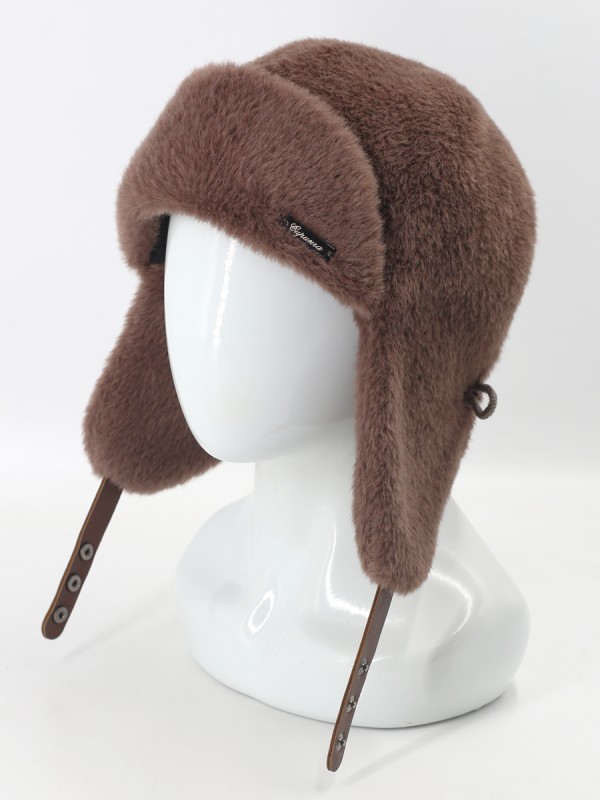 Нежная ушанка из экомеха цвет коричневый З-841/1