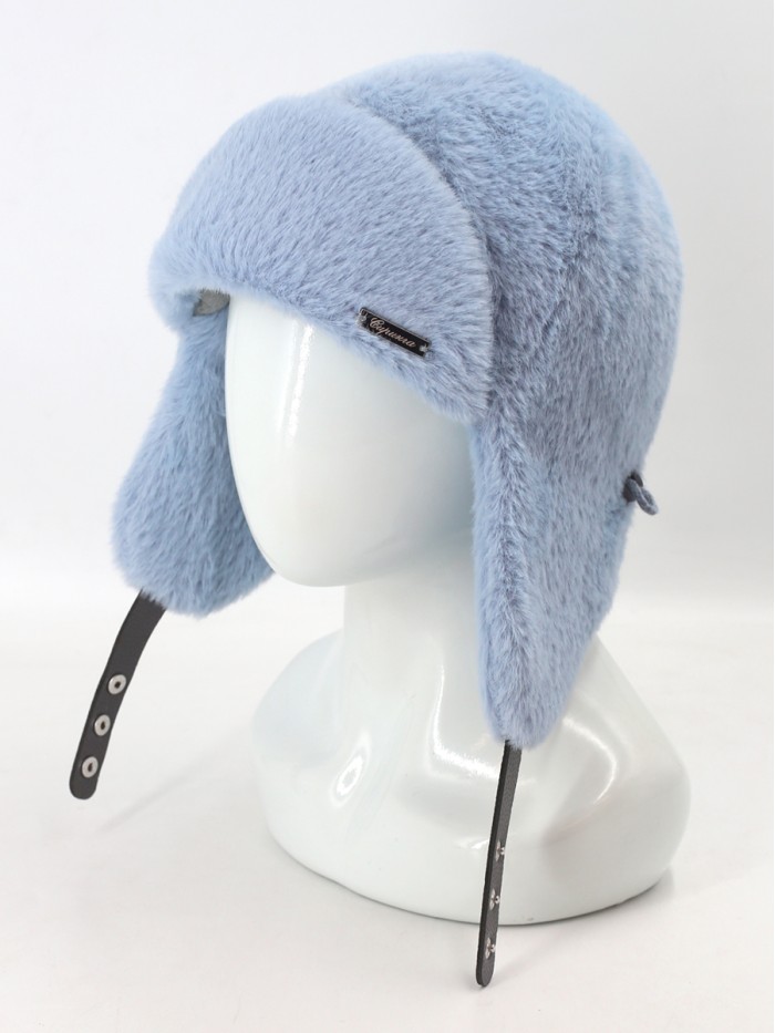 Нежная ушанка из экомеха цвет серо-голубой З-841/1