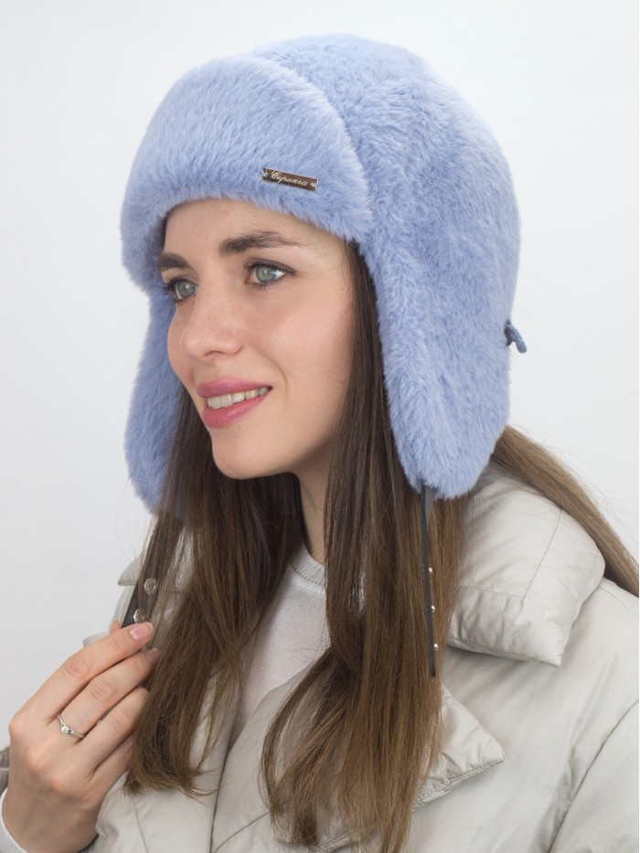 Нежная ушанка из экомеха цвет серо-голубой З-841/1
