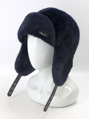 Нежная ушанка из экомеха цвет темно-синий З-841/1