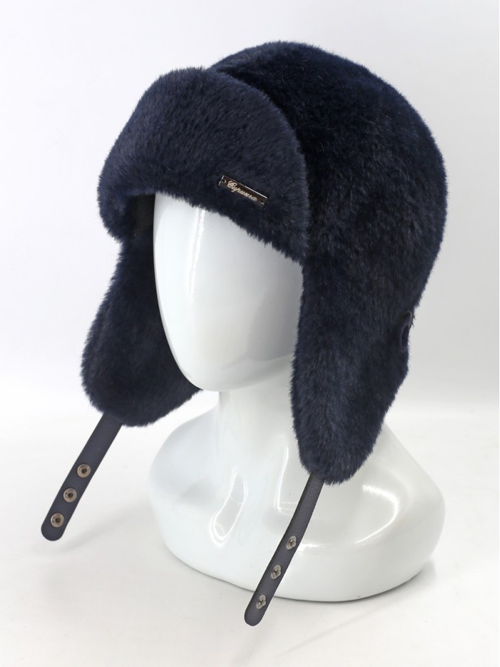 Нежная ушанка из экомеха цвет темно-синий З-841/1