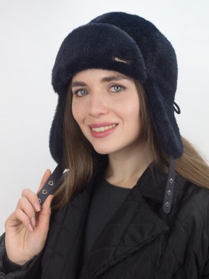 Нежная ушанка из экомеха цвет темно-синий З-841/1