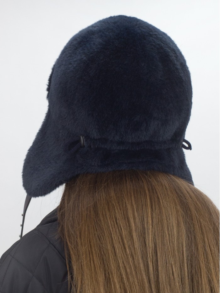 Нежная ушанка из экомеха цвет темно-синий З-841/1