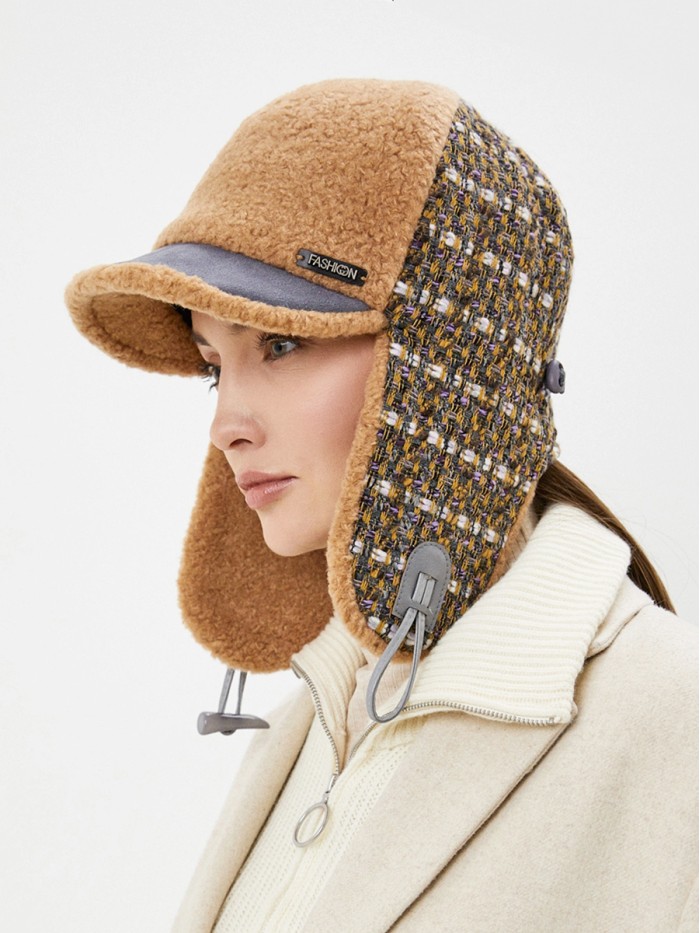 Комбинированная ушанка с эко-мехом цвет бежевый З-842