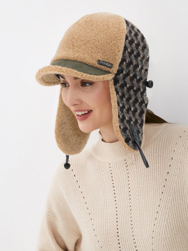 Комбинированная ушанка с эко-мехом цвет бежевый-серый З-842