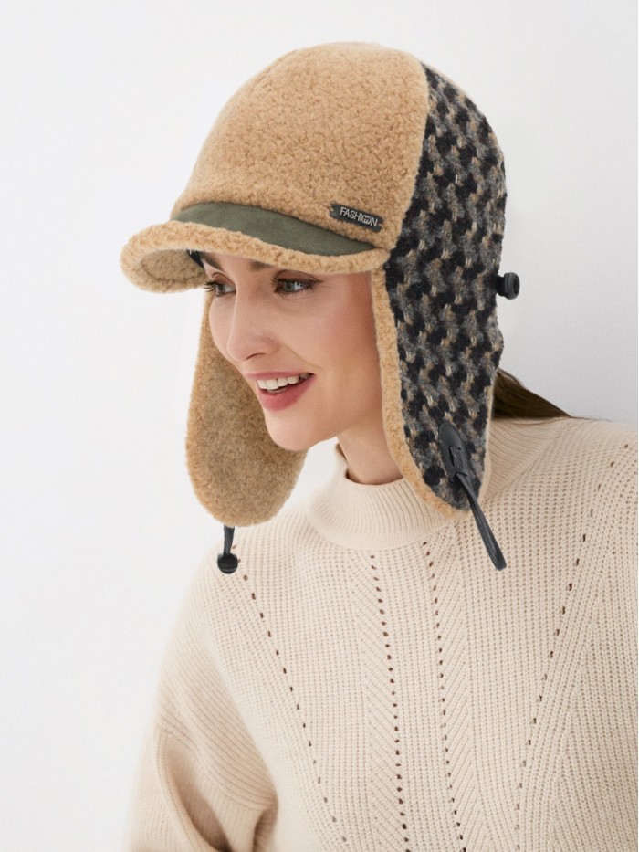 Комбинированная ушанка с эко-мехом цвет бежевый-серый З-842