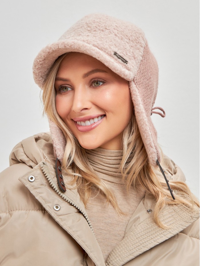 Ушанка с экомехом цвет кофе с молоком-пудровый З-842К
