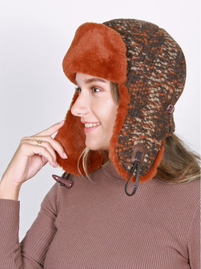 Комбинированная ушанка с трикотажем цвет коричневый-терракотовый-бежевый З-843/1Т