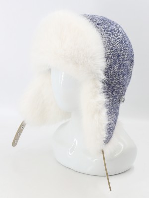 Комбинированная ушанка с искусственным мехом и регулировкой размера цвета джинсовый-молочный З-843М