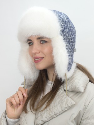 Комбинированная ушанка с искусственным мехом и регулировкой размера цвета джинсовый-молочный З-843М
